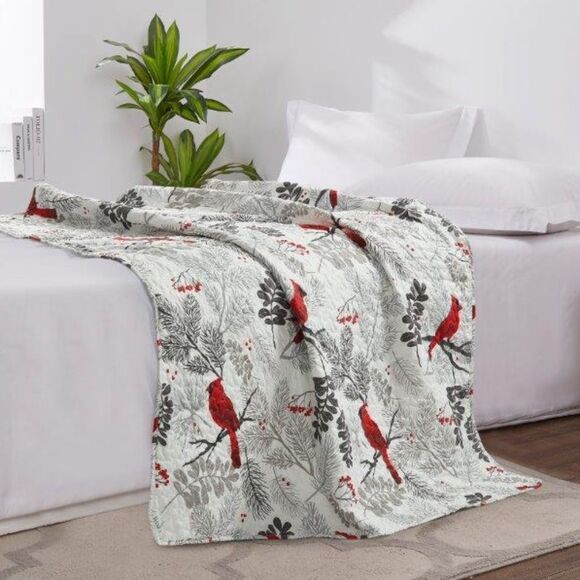 Cardinal Red Bird Printed Quilted Throw Blanket Holiday Christmas Memory - Picture 3 of 4
